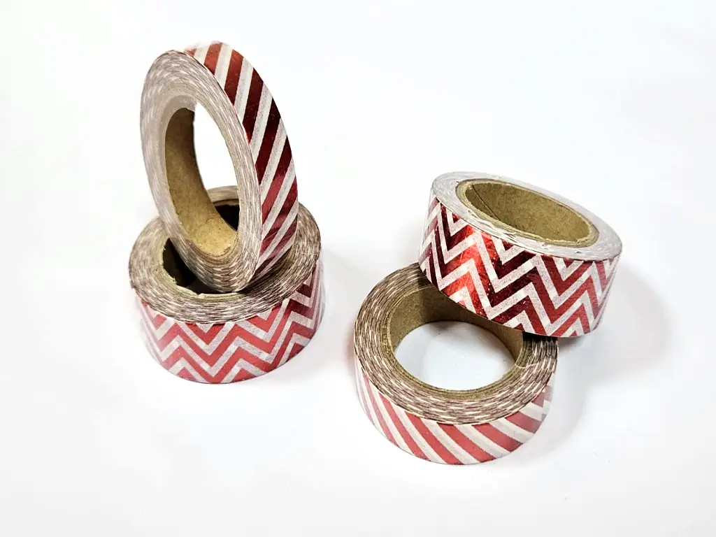 Set 4 role washi tape, benzi adezive cu dungi roşu metalic