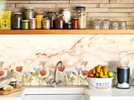 Autocolant perete, Folina, marmură bej cu detalii florale colorate, 67x200 cm