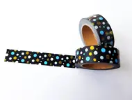 Bandă adezivă Washi Tape Dots, Folina, neagră cu puncte colorate, 15 mmx10 m