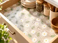 Folie protecţie sertare, PVC semitransparent cu flori albe, material impermeabil, rolă de 50 cm x 5 metri