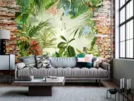 Fototapet 3D peisaj junglă, Komar Jungle View Bricklane – Decor exotic cu vegetație luxuriantă și efect de perete din cărămidă, 400x250 cm