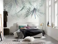 Fototapet alb cu frunze tropicale, Komar Palm Spring, 350x250 cm, vlies lavabil, adeziv inclus