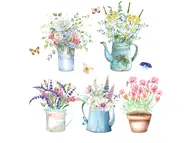 Set 5 stickere Flori în vase colorate, Folina ZDB2255, decor cu flori şi fluturi
