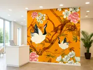 Fototapet vlies Marburg Falina – model chinoiserie portocaliu cu păsări și flori - 265x270 cm