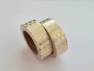 Set 2 role washi tape, benzi autoadezive albe cu buline aurii