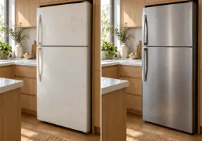 Autocolant pentru frigider: cum îi schimbi complet aspectul aplicând folie cu efect metalic