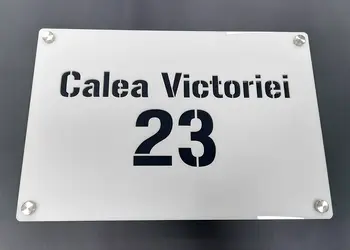 Placuta adresa 3D din acril alb si negru 2