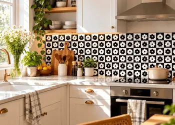 autocolant contrablat bucatarie retro floral alb negru