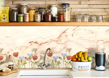 autocolant perete folina marmura bej cu detalii florale colorate amf108 s00