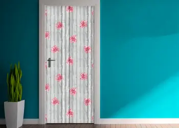 autocolant usa lemn gri cu flori rosii