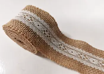 banda iuta natur cu dantela alba 5 cm