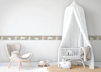 bordura tapet pentru camera copii gri cu iepurasi