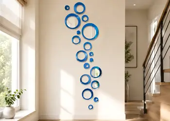 decor perete living cercuri din oglinda acrilica albastra