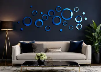 decor perete living cercuri din oglinda acrilica albastra