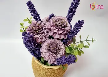 ghiveci ceramic cu flori artificiale mov folina