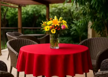 fata de masa rotunda rosie material impermeabil