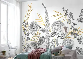 fototapet Bumble Bee komar model floral grafic si accente metalice aurii 400 280 cm