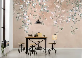 fototapet bej cu model floral alb