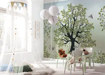 fototapet camera copii copac verde cu bambi si prietenii sai