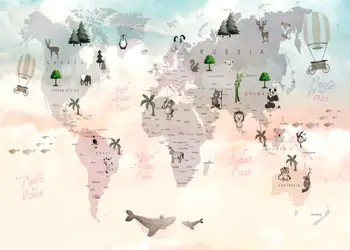 fototapet harta lumii cu tari si animale pentru camera copii