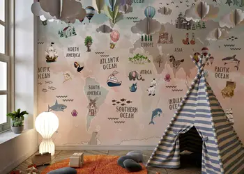 fototapet copii harta lumii cu oceane si animale