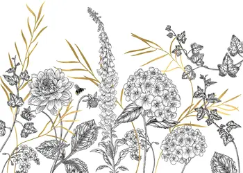 fototapet Bumble Bee komar model floral grafic si accente metalice aurii 400 280 cm