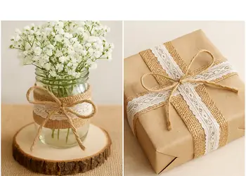 banda iuta natur cu dantela alba 5 cm