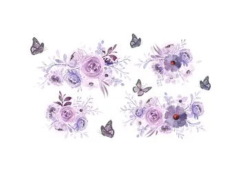set 4 stickere flori lila si fluturi decoratiune pentru perete si mobila