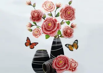 sticker 3d vaza cu flori roz