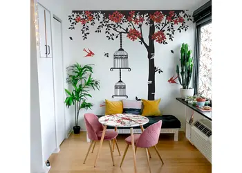 sticker perete copac flori rosii