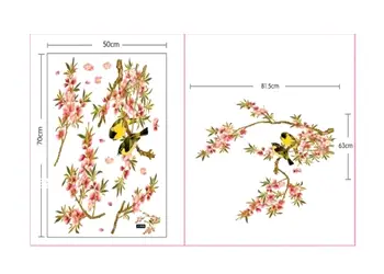 sticker perete folina creanga cu flori roz si pasari