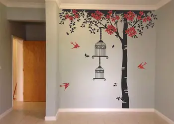 sticker perete copac flori rosii