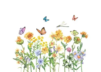 stickere bordura decorativa cu flori de cam galbene si fluturi