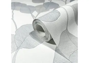 tapet alb cu frunze stilizate gri