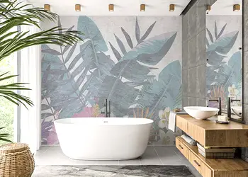 tapet baie frunze tropicale pastel