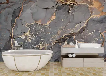 tapet baie rezistent la apa marmura gri cu detalii aurii