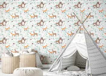 tapet camera copii alb cu animale