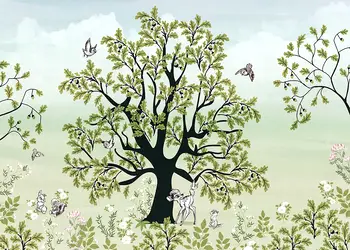 fototapet camera copii copac verde cu bambi si prietenii sai