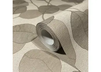 tapet dormitor greige cu frunzr stilizate