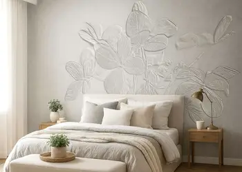 tapet living gri cu model floral stilizat