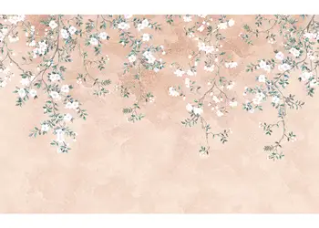 fototapet bej cu model floral alb