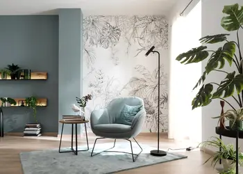 tapet floral modern alb cu model grafic negru