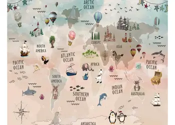 fototapet copii harta lumii cu oceane si animale