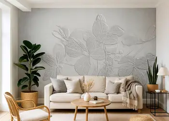 tapet living gri cu model floral stilizat