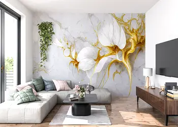 tapet living imitatie marmura gri cu detalii bej auriu