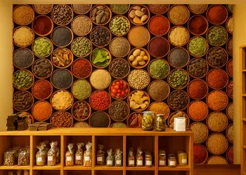 tapet perete bucatarie model condimente boluri colorate