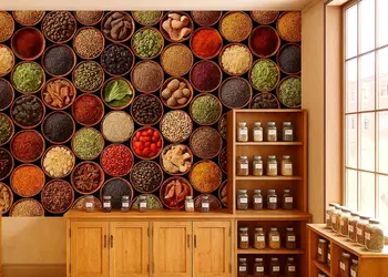 tapet perete bucatarie model condimente boluri colorate