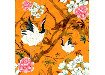 fototapet marburg falina portocaliu cu flori si pasari