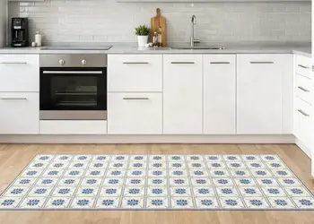 traversa vinil pentru bucatarie si baie cu model floral albastru