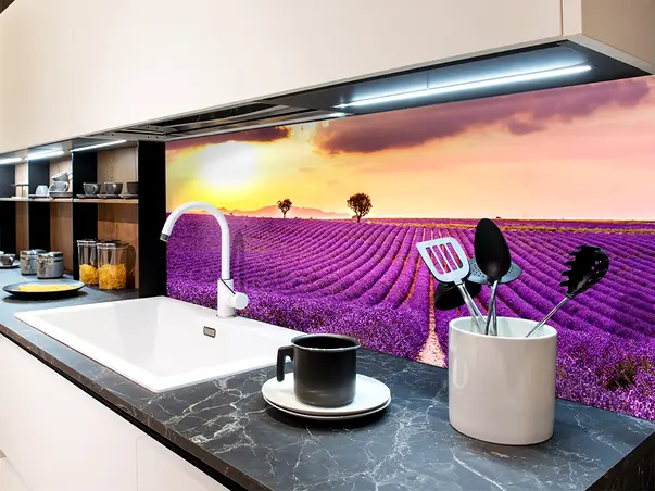 Autocolant bucatarie model peisaj floral mov 3